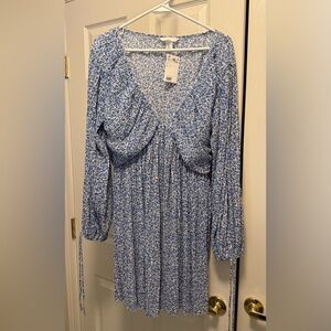 Blue Floral Pleated Mini Dress Ruched Bodice Long Sleeve NWT Size L